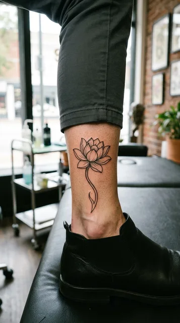 Black and white linework tattoo on a man's ankle