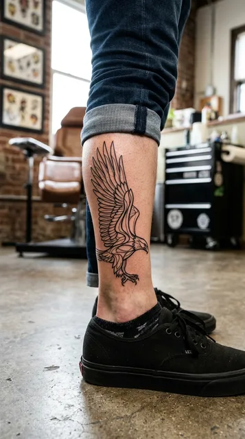 Black and white linework eagle tattoo on a man's ankle