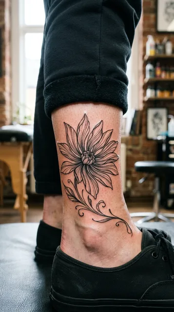 Black and white linework flower tattoo on a woman's ankle