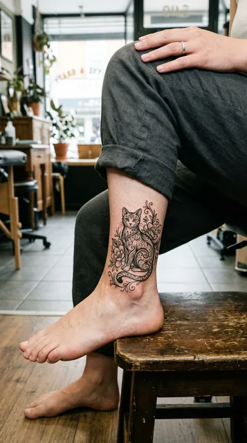 Black and grey ornamental cat tattoo on a woman's ankle