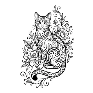 Black and grey ornamental cat tattoo design, drawn flat for an ankle tattoo