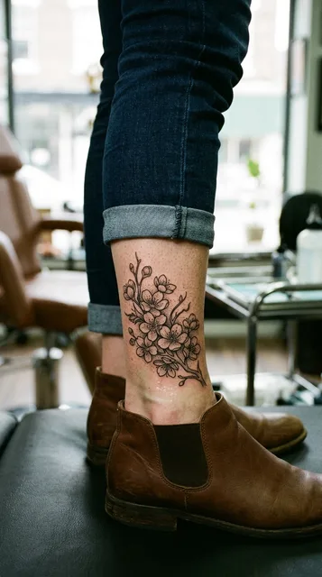 Black and grey ornamental cherry blossom tattoo on a woman's ankle