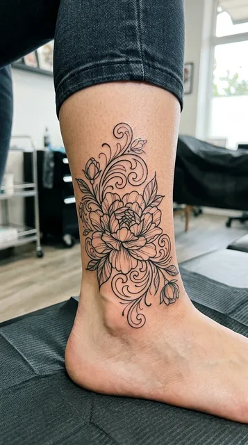 Black and grey ornamental flower tattoo on a woman's ankle