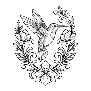 Black and grey ornamental hummingbird tattoo design, drawn flat for an ankle tattoo
