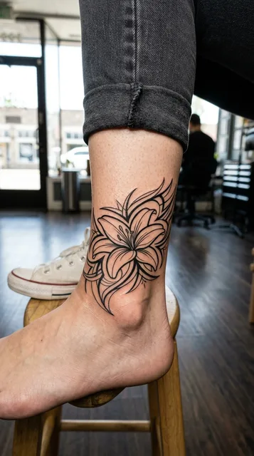 Black and white tribal lily tattoo on a woman's ankle