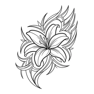Black and white tribal lily tattoo design, drawn flat for an ankle tattoo