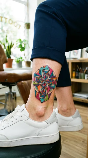Color geometric cross tattoo on a woman's ankle