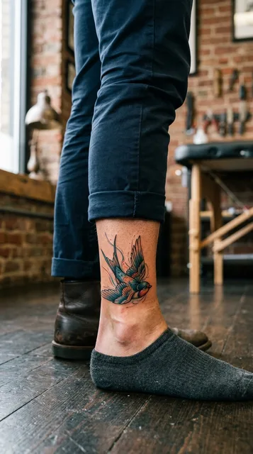 Color illustrative swallow tattoo on a man's ankle