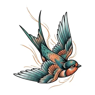 Color illustrative swallow tattoo design, drawn flat for an ankle tattoo
