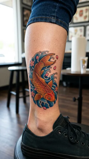 Color Japanese koi tattoo on a woman's ankle