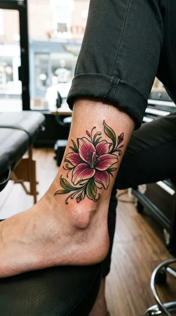 Color neo traditional lily tattoo on a man's ankle