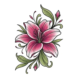 Color neo traditional lily tattoo design, drawn flat for an ankle tattoo