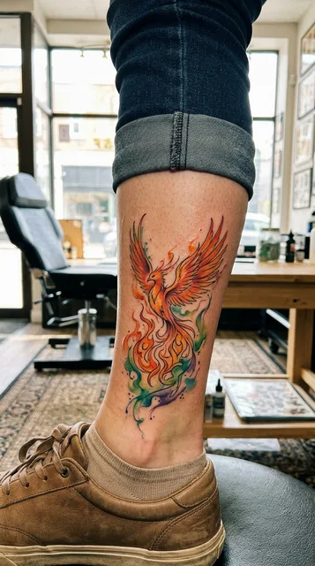Color watercolor phoenix tattoo on a woman's ankle