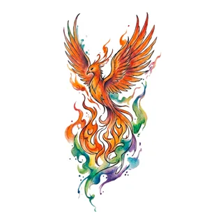 Color watercolor phoenix tattoo design, drawn flat for an ankle tattoo