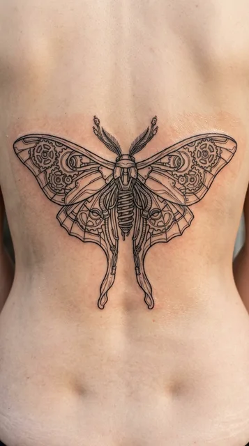 Black and grey biomechanical tattoo on a woman's back