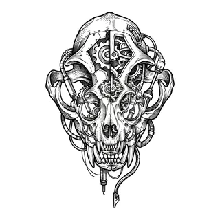 Black and grey biomechanical tattoo design, drawn flat for a back tattoo