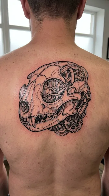 Black and grey biomechanical skull tattoo on a man's back (1 of 2)
