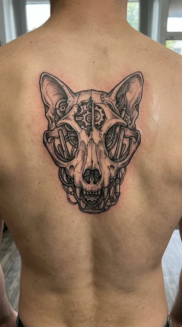 Black and grey biomechanical skull tattoo on a man's back (2 of 2)