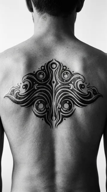 Black and white blackwork abstract tattoo on a man's back