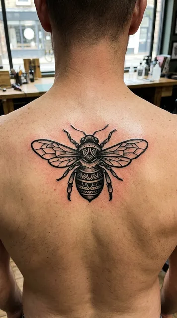 Black and white blackwork bee tattoo on a man's back