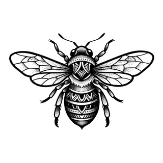 Black and white blackwork bee tattoo design, drawn flat for a back tattoo