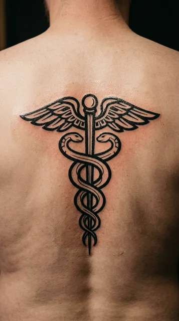 Black and white blackwork caduceus tattoo on a man's back