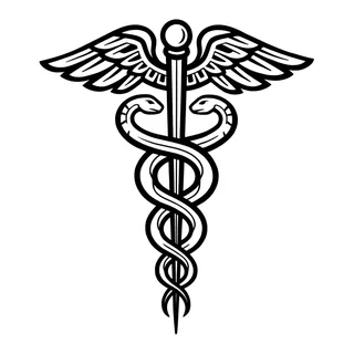 Black and white blackwork caduceus tattoo design, drawn flat for a back tattoo