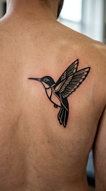 Black and white blackwork hummingbird tattoo on a man's back