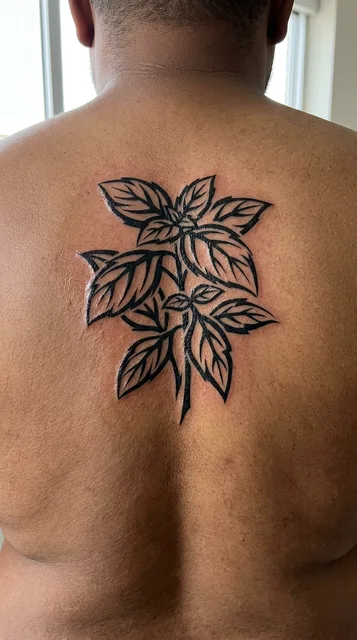 Black and white blackwork leaf tattoo on a man's back