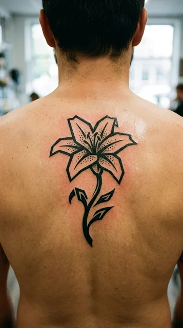 Black and white blackwork lily tattoo on a man's back