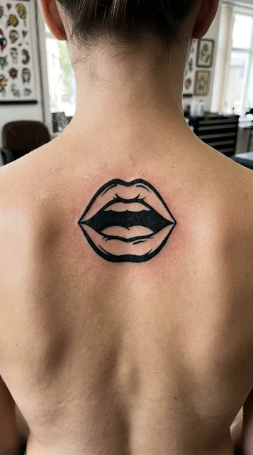 Black and white blackwork lips tattoo on a woman's back