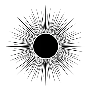 Black and white blackwork sun tattoo design, drawn flat for a back tattoo