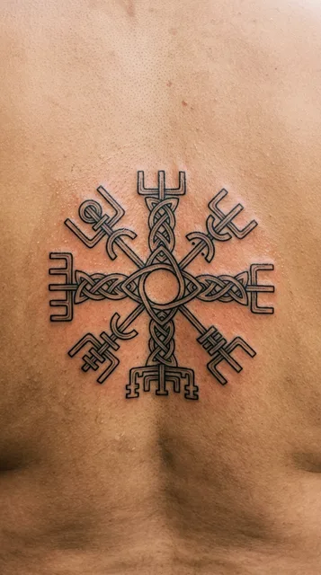 Black and grey celtic vegvisir tattoo on a man's back