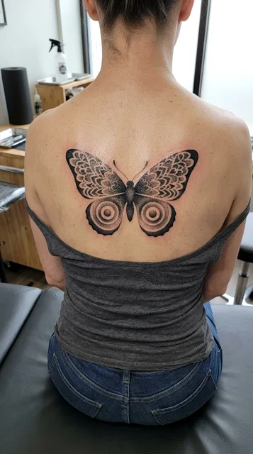 Black and grey dotwork butterfly tattoo on a woman's back