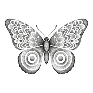 Black and grey dotwork butterfly tattoo design, drawn flat for a back tattoo