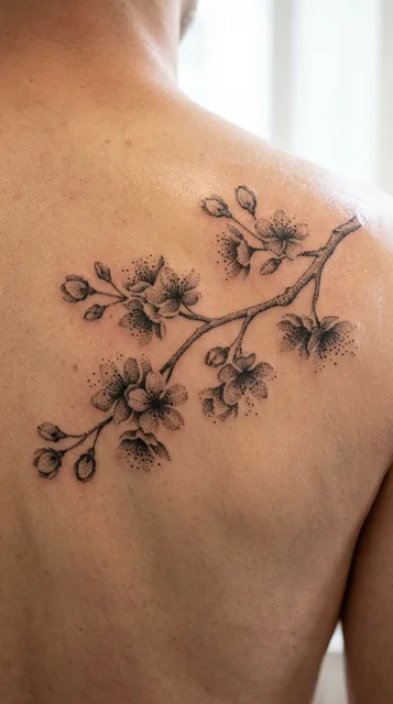 Black and grey dotwork cherry blossom tattoo on a man's back