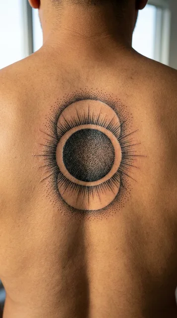 Black and grey dotwork eclipse tattoo on a man's back