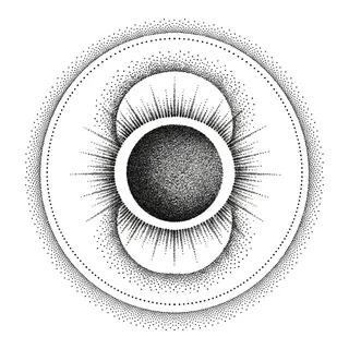 Black and grey dotwork eclipse tattoo design, drawn flat for a back tattoo