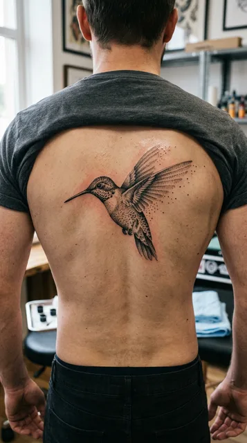 Black and grey dotwork hummingbird tattoo on a man's back