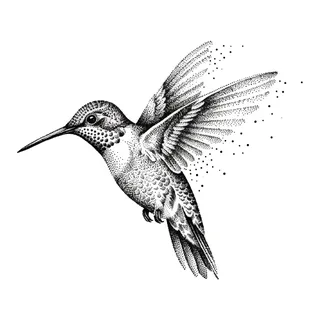 Black and grey dotwork hummingbird tattoo design, drawn flat for a back tattoo