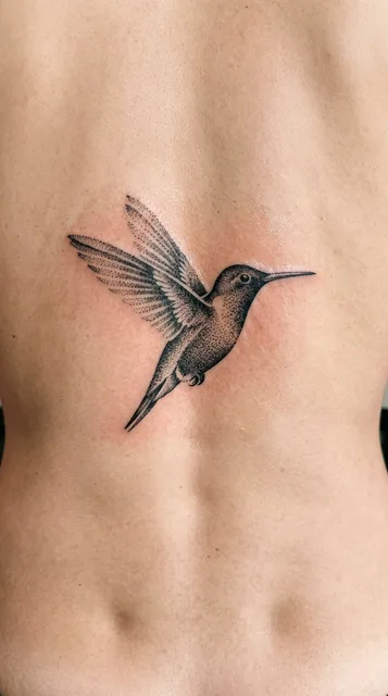 Black and grey dotwork hummingbird tattoo on a man's back