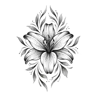 Black and grey dotwork lily tattoo design, drawn flat for a back tattoo