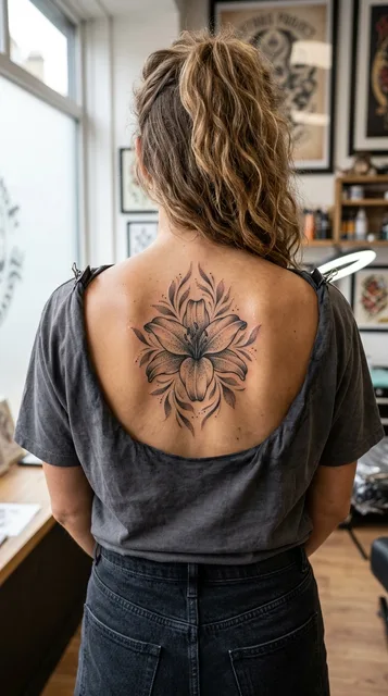 Black and grey dotwork lily tattoo on a woman's back