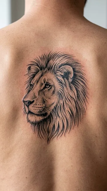 Black and grey dotwork lion tattoo on a woman's back