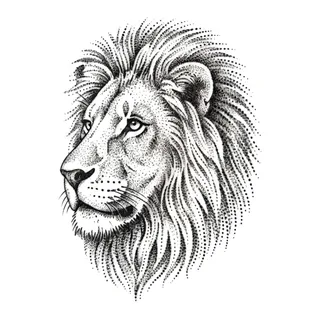 Black and grey dotwork lion tattoo design, drawn flat for a back tattoo
