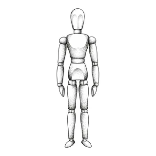 Black and grey dotwork mannequin tattoo design, drawn flat for a back tattoo