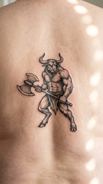 Black and grey dotwork minotaur tattoo on a man's back
