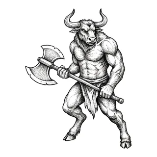 Black and grey dotwork minotaur tattoo design, drawn flat for a back tattoo