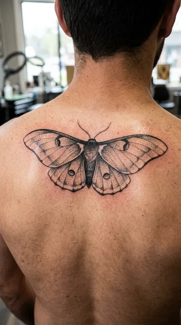 Black and grey dotwork moth tattoo on a man's back