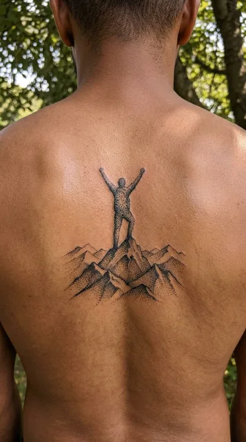 Black and grey dotwork mountain tattoo on a man's back